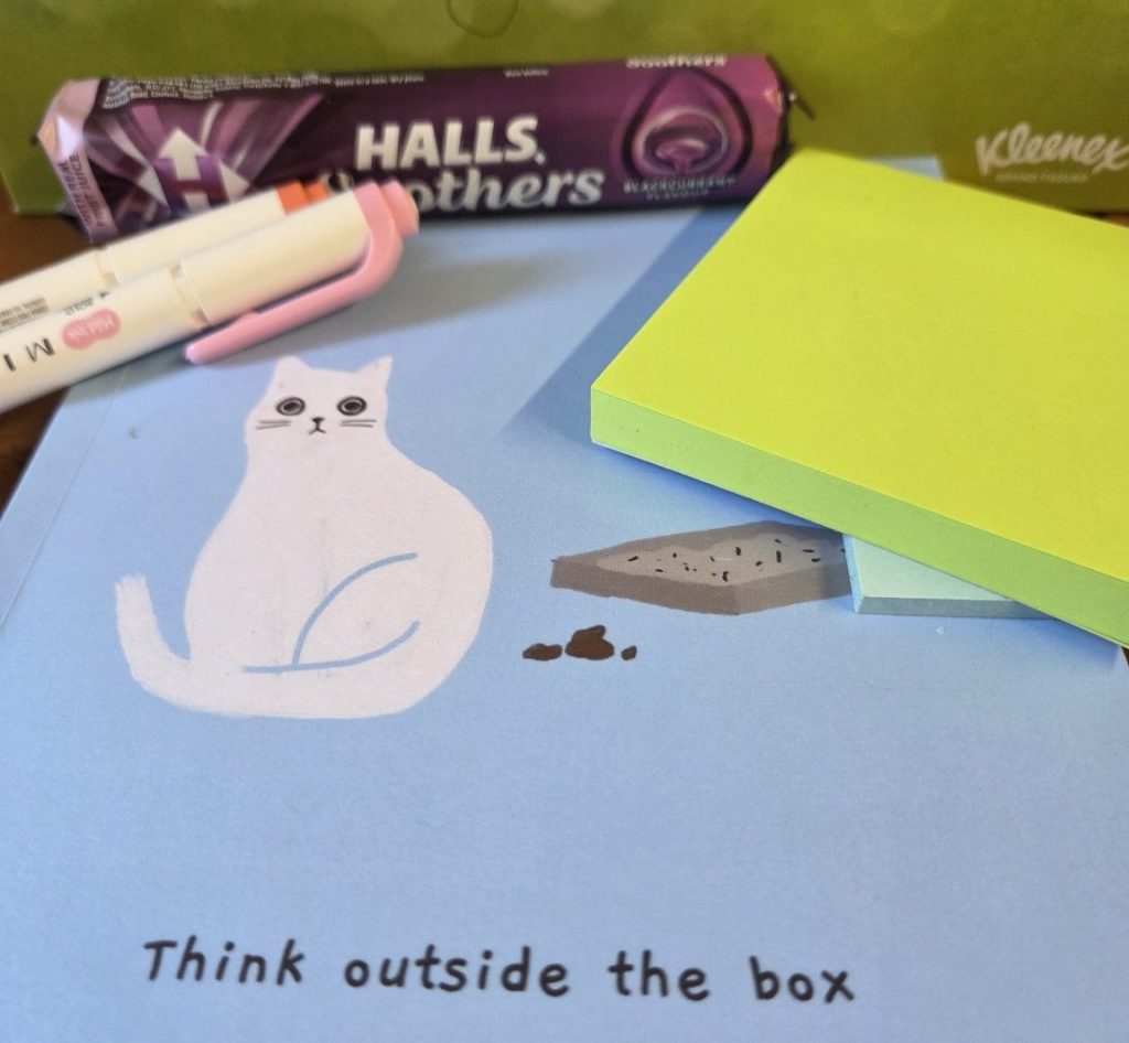 Note pad with a cat and the words 'Think outside the box'