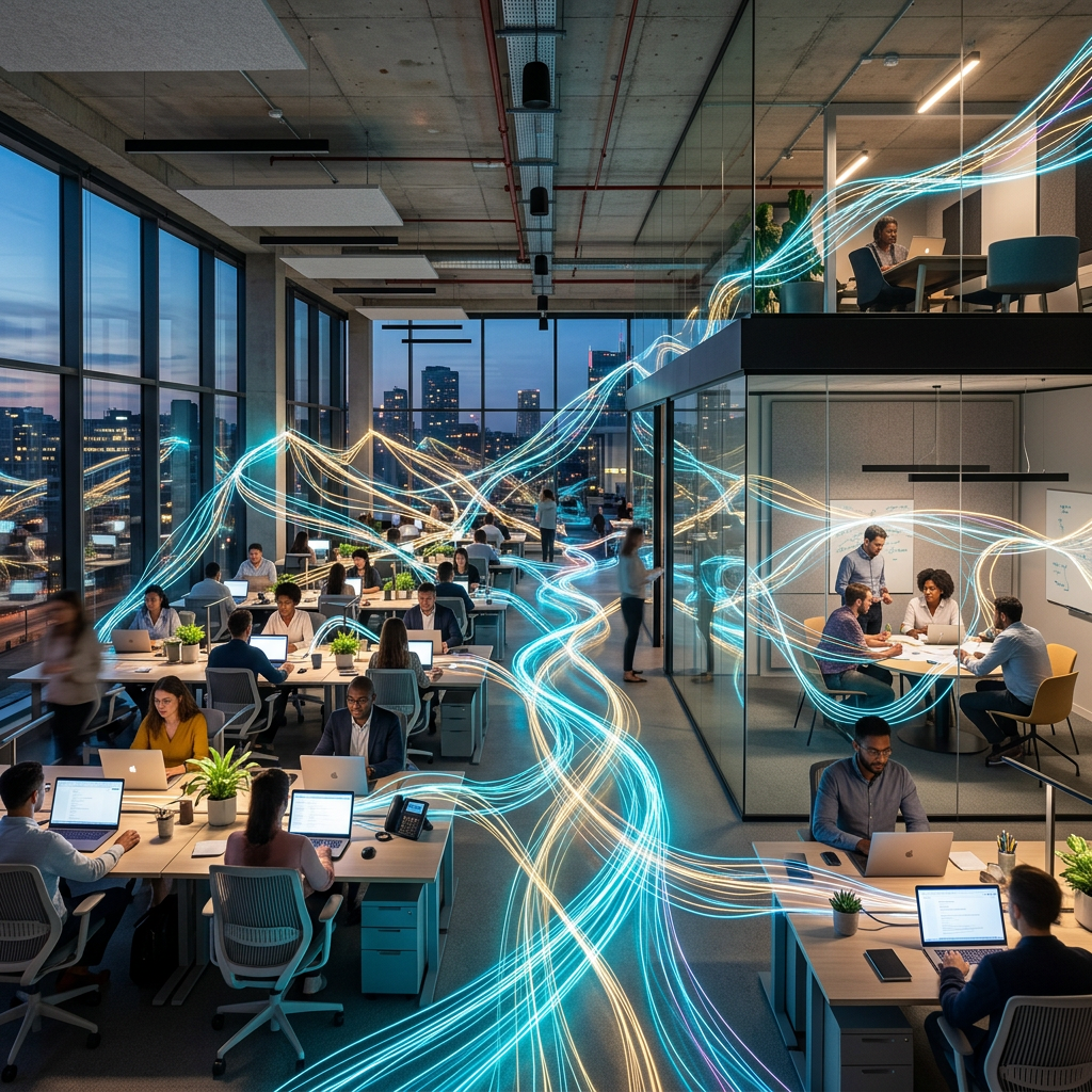 Open-plan office with employees working on laptops and glowing digital data streams connecting them